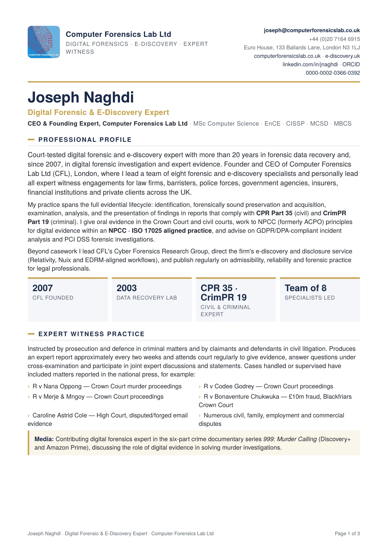 Joseph Naghdi CV, page 1: professional profile and expert witness practice