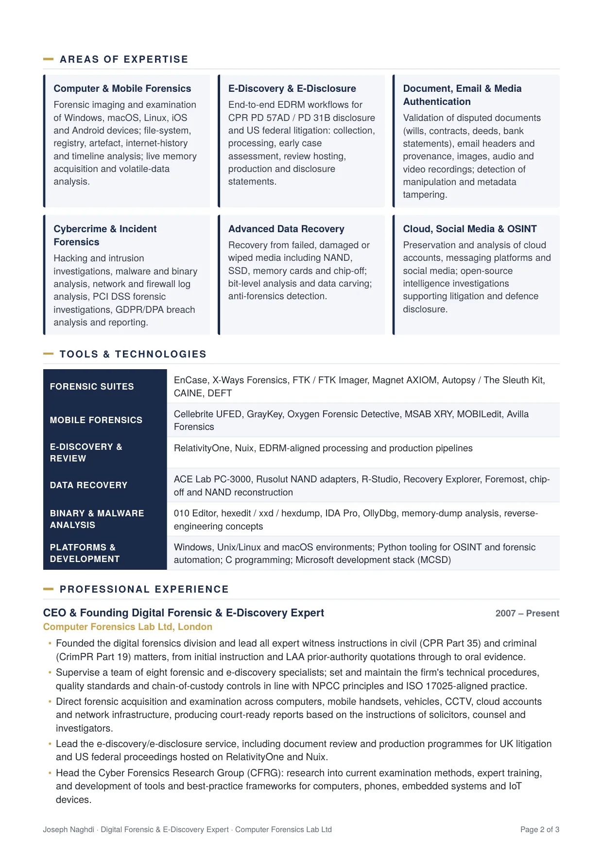 Joseph Naghdi CV, page 2: areas of expertise, tools and technologies, professional experience