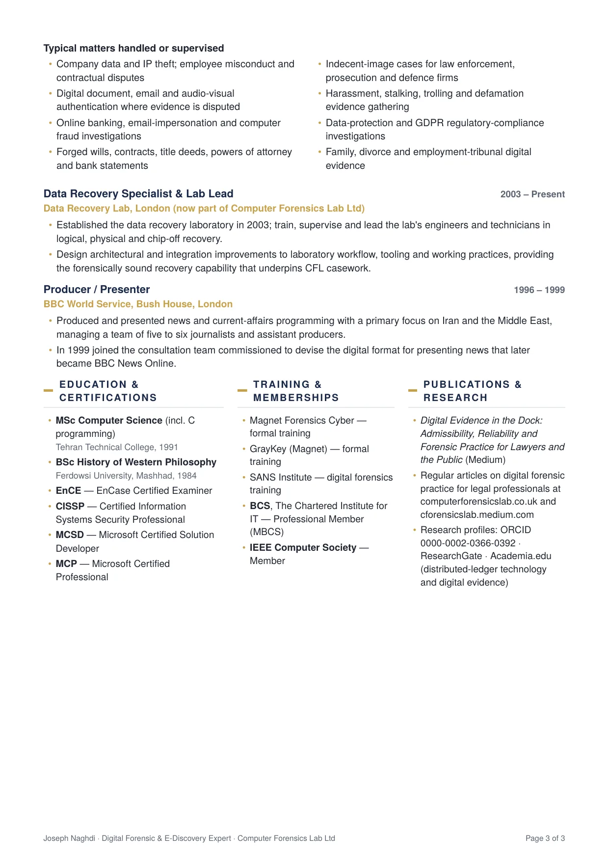 Joseph Naghdi CV, page 3: typical matters, earlier roles, education, training and publications